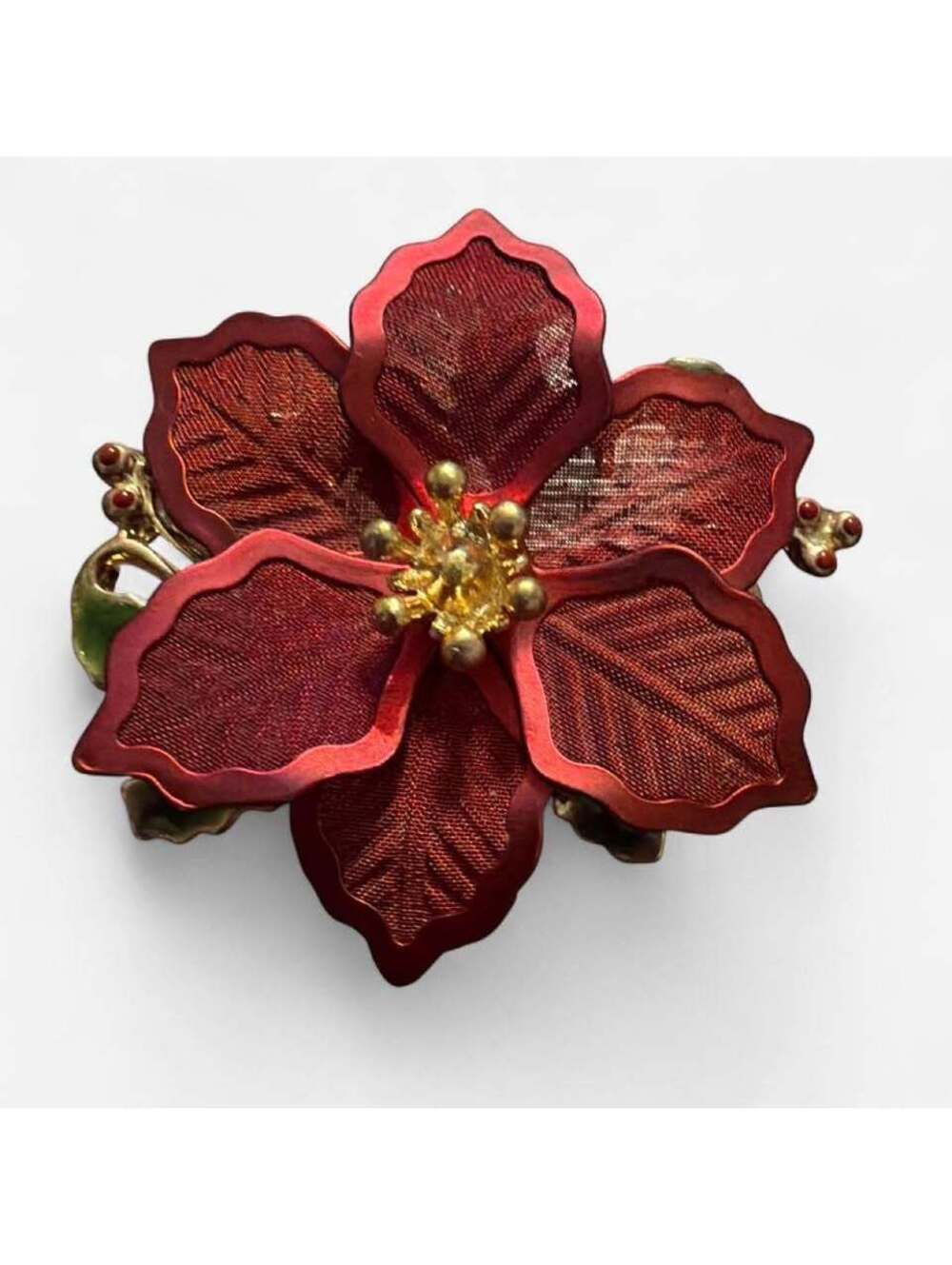 Vintage Red Flower Brooch with Gold Tone Accents